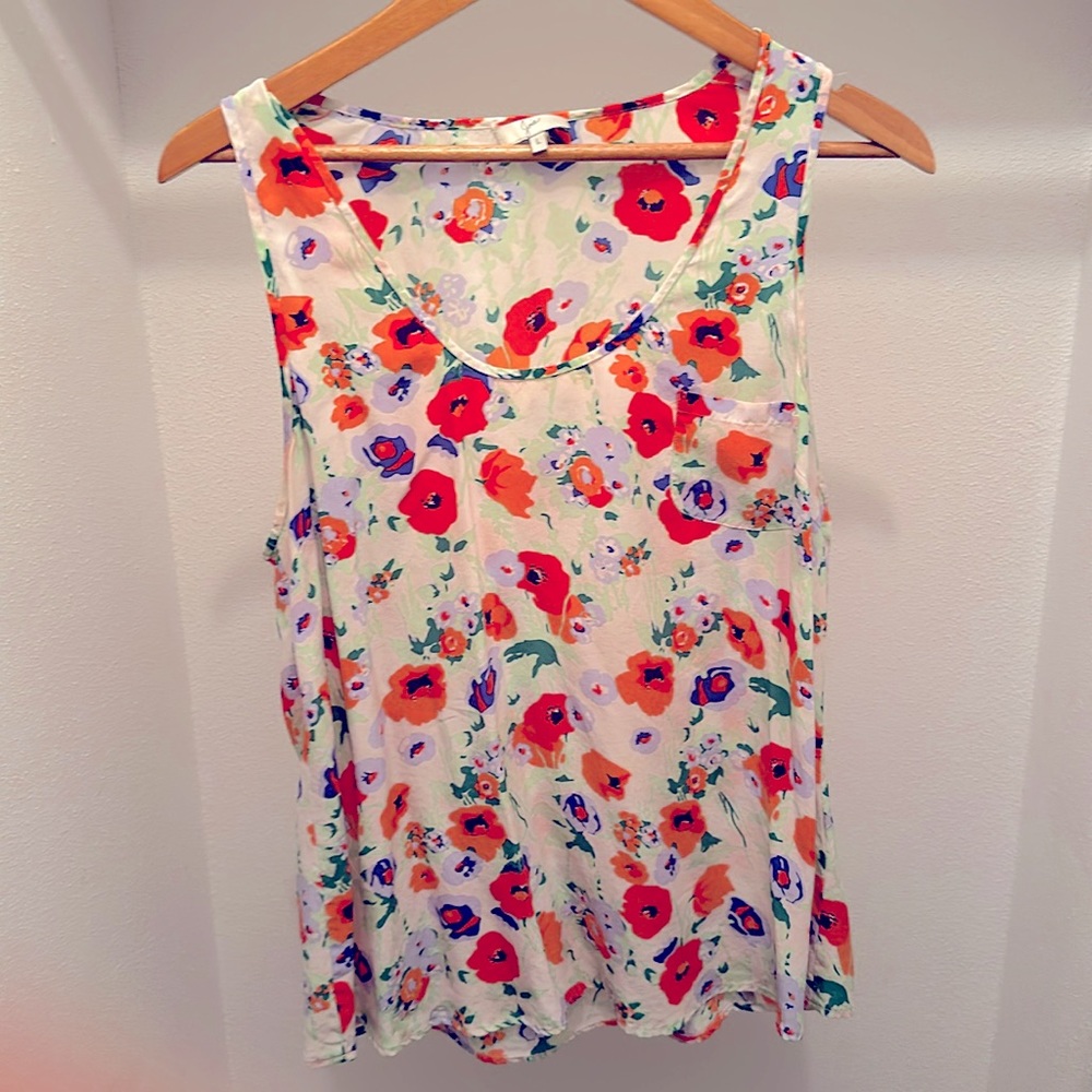 Joie Floral Sleeveless Tank Top Blouse Silk Porcelain Revolve Large Sz L